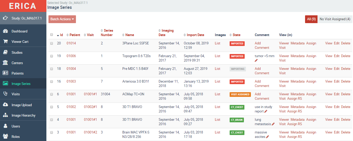 ERICA imaging platform — study management interface